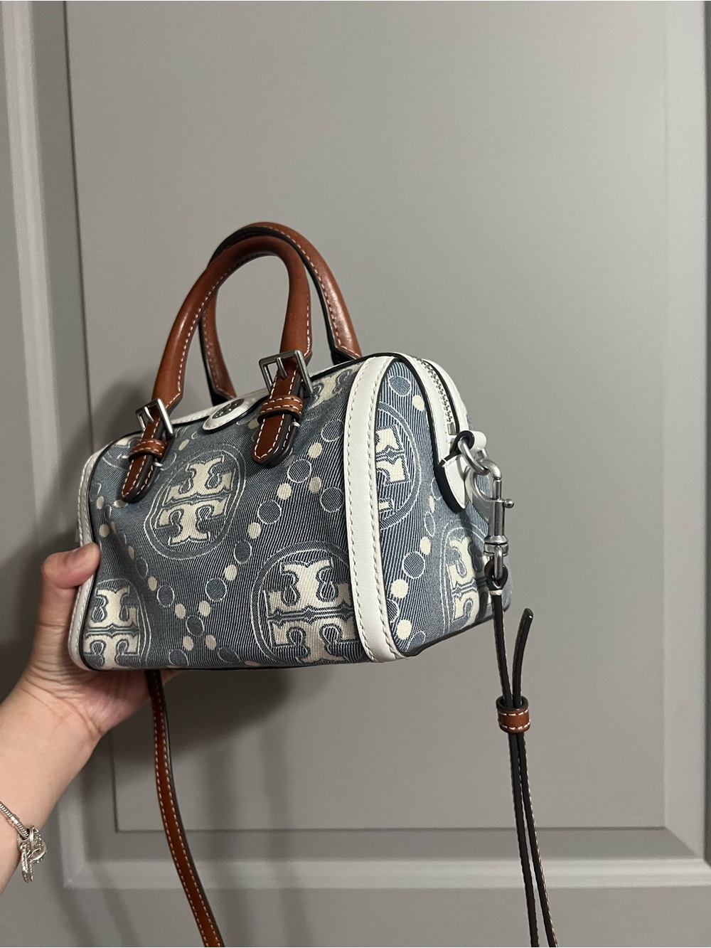 Tory Burch Blue Logo Jacquard Mini Satchel with Brown Trim - Picture 3 of 4